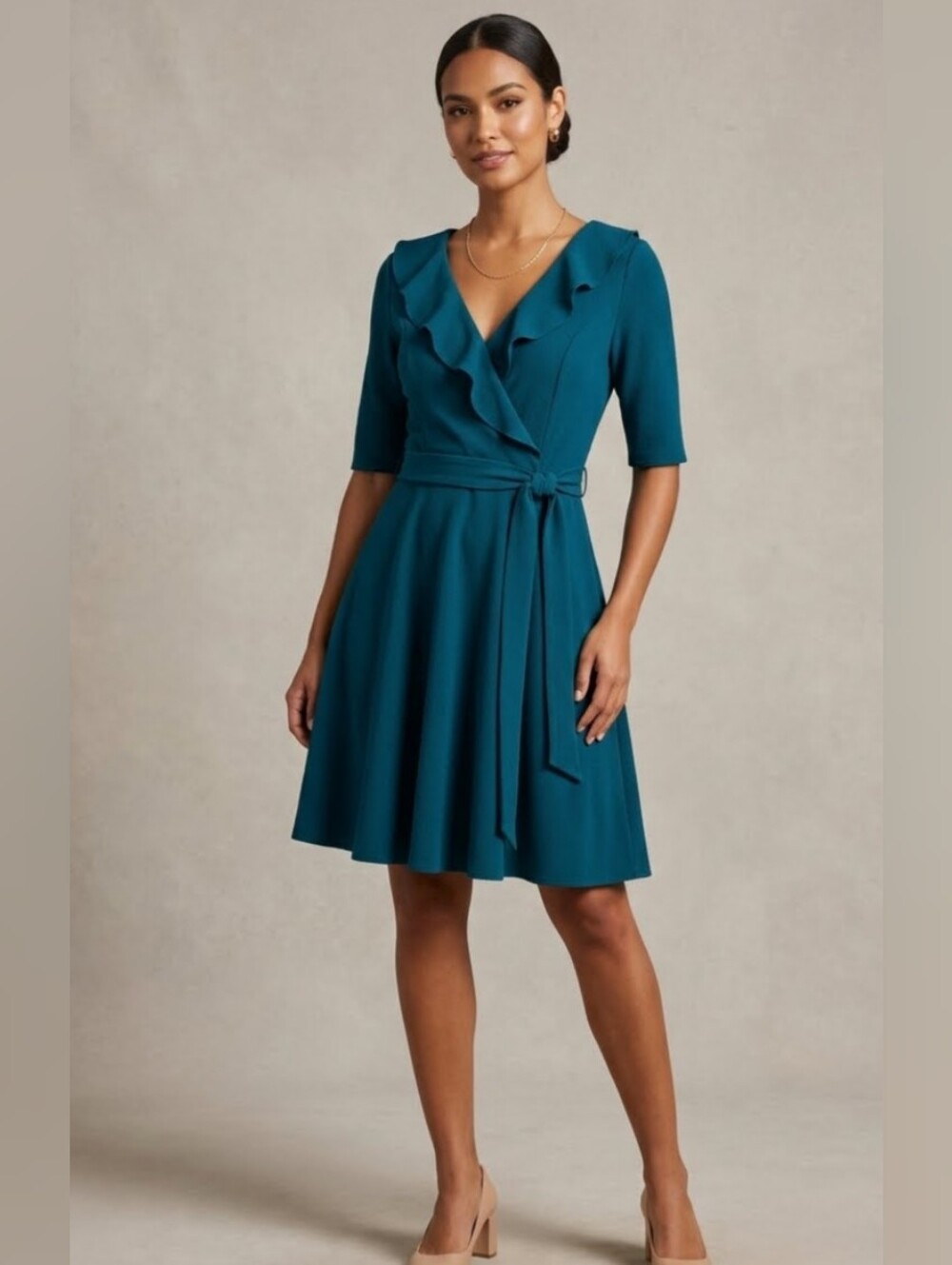 Teal Ruffle Wrap Dress with Tie Waist